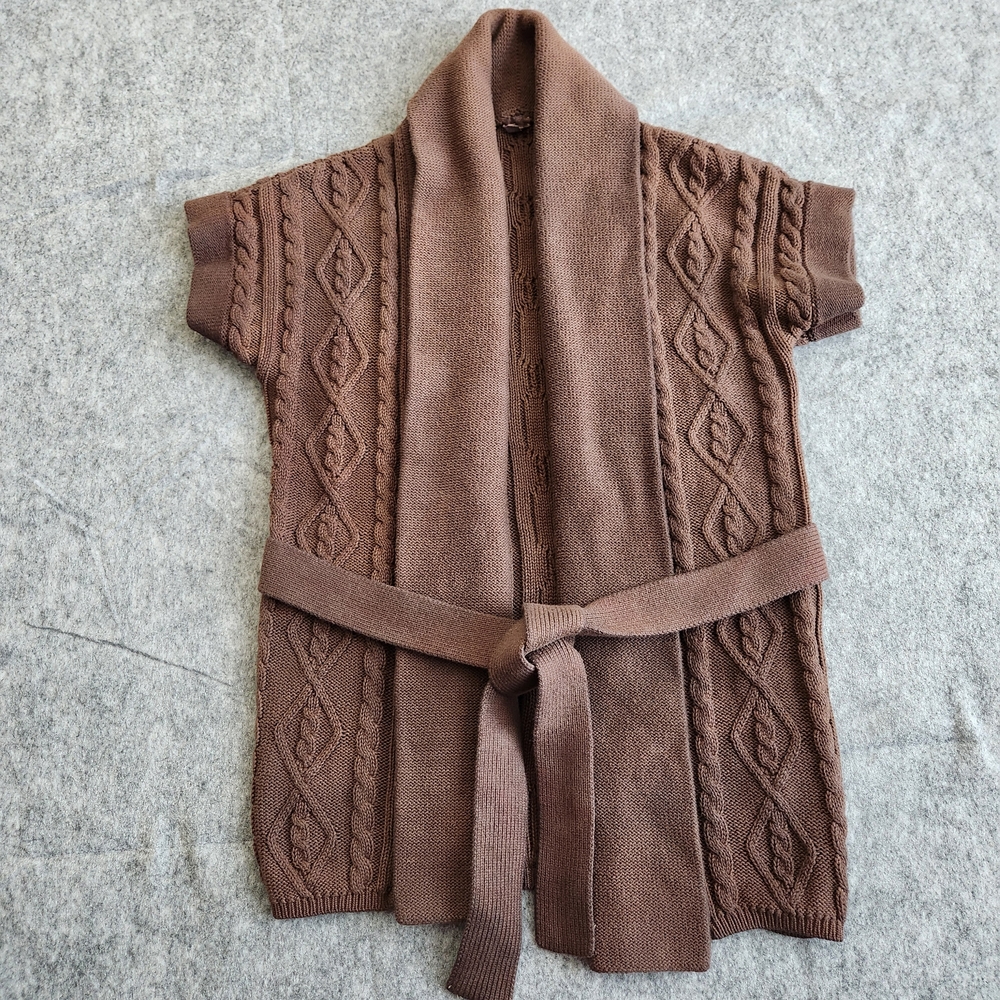 J Crew Cable Knit Chunky Fisherman Cardigan Cowl Belted Sweater Women's S Brown